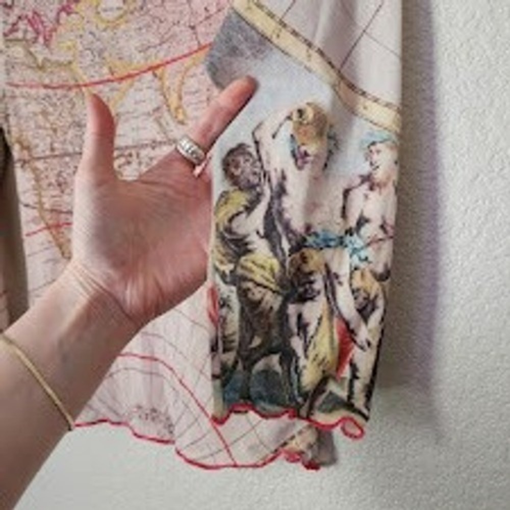 BY MAURICE Vintage Y2K Sheer Mesh Top Renaissance Map Floral Patchwork Print M - Picture 10 of 12